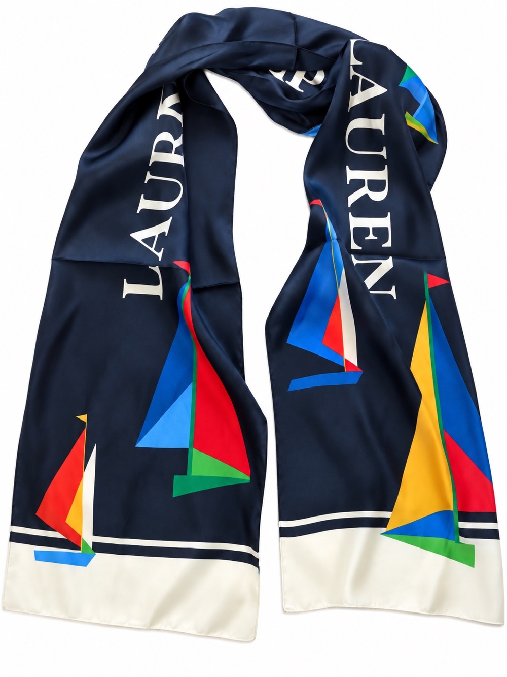 Ralph Lauren Navy Silk Scarf with Multicolor Sailboat Motif